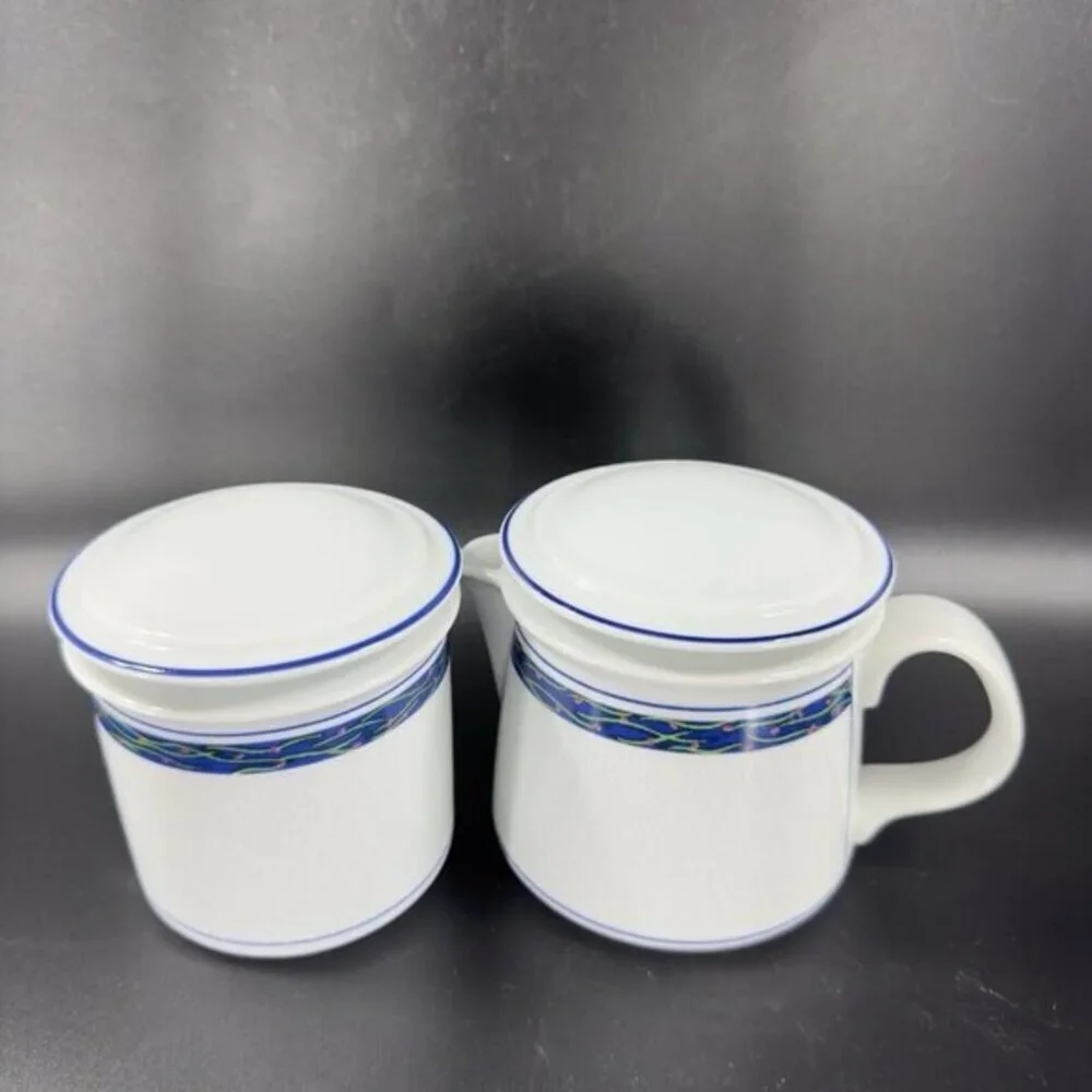 Dansk New Scandia‎ Porcelain Trellis Floral Sugar And Creamer Blue White Set 2